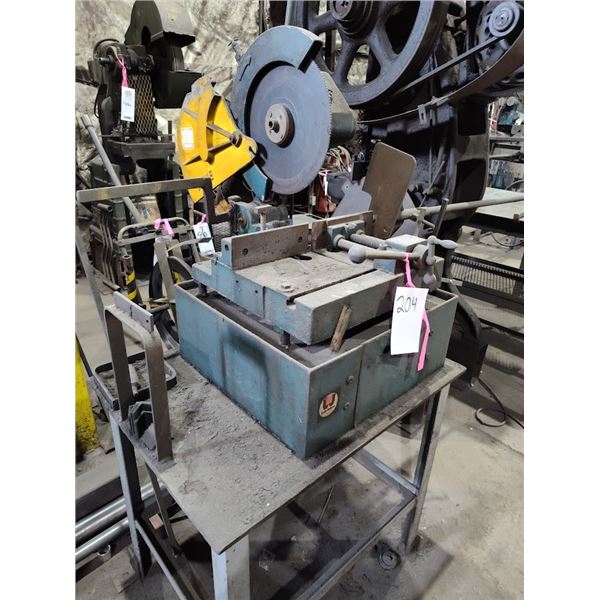 INDUSTRIAL CUT OFF SAW ON STEEL STAND (NEEDS REPAIR)