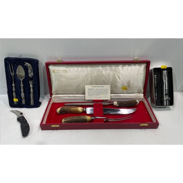 Genuine Stag Horn Carving Set with Sharpener plus Flashlight, Pocket Knife, 3 piece Utenil Set