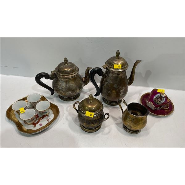 Antique Assorted Collection of Teapots with Creamer and Sugar Holder, Teacup and Saucer and more