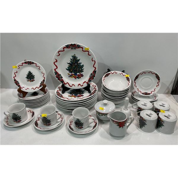 "Christmas Holly" Dining Set 8 Place settings (one cup missing) plus Creamer, Sugar Bowl and Bell