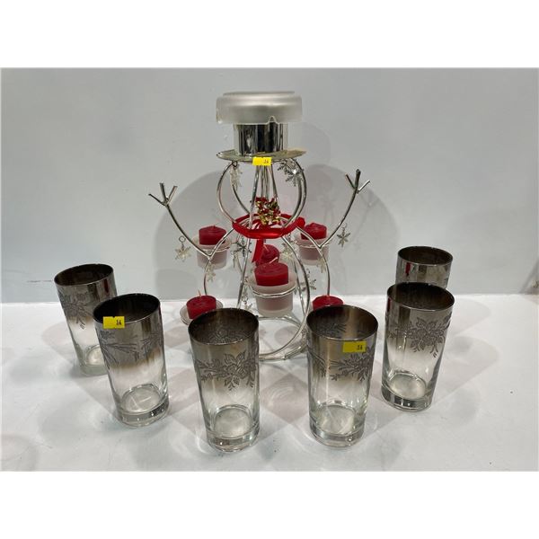 Snowman Candle Holder with Six Matching Festive Glasses