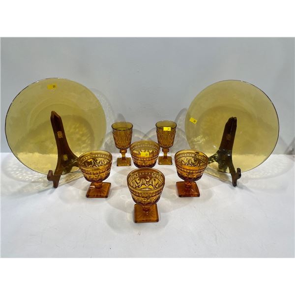 Vintage Press Amber Glassware  Two Serving Plates and 6 Goblets *display stands not included