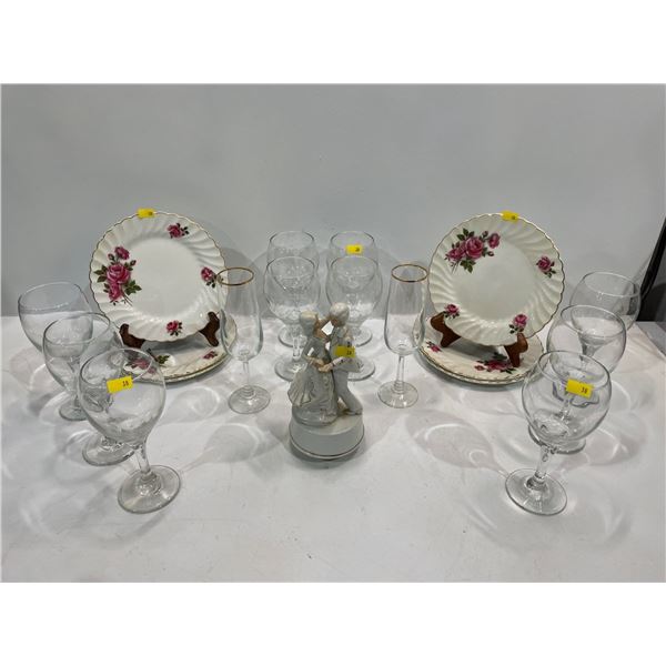 6 Johnson Brothers Plates, 10 Wine Glasses, 2 Champagne Flutes and Dancing Couple Music Box