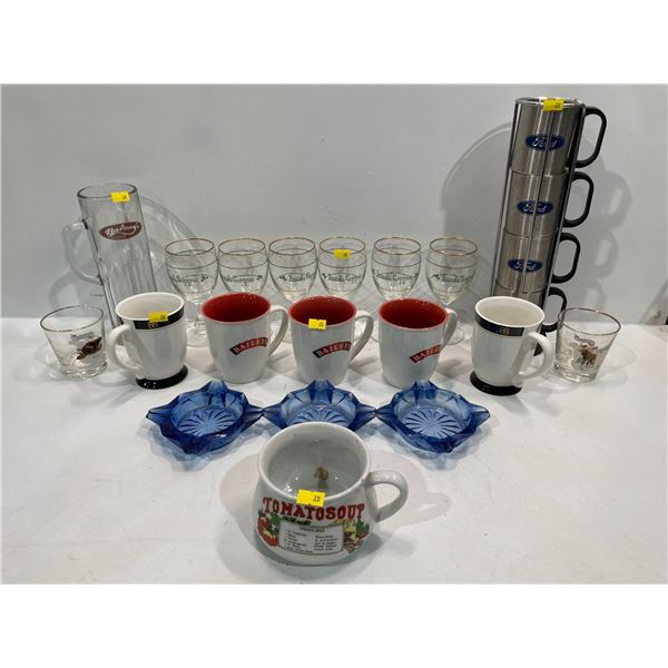 Assorted Collection, Stack of 4 Ford Mugs in Holder, Bailey's Mugs , Barney's Pint Glass and More