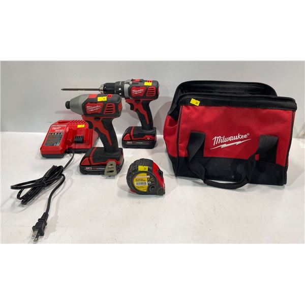 Milwaukee Tool Set Includes  Drill, Impact Drill, Batteries and Charger, Tape Measure and Carry Bag