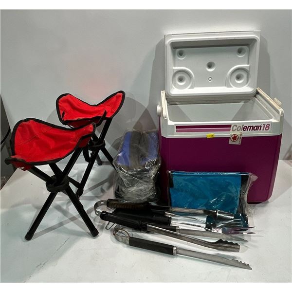 Coleman Cooler 15W10D14H Small Fold Up Stools 12H , BBQ Utensils and more