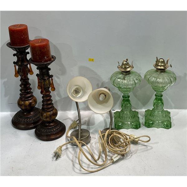 Pairs of Different Types of Lights Candle Holders, Green Glass Oil Lamps and Wall Hanging Lamps