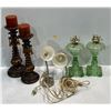 Image 1 : Pairs of Different Types of Lights Candle Holders, Green Glass Oil Lamps and Wall Hanging Lamps