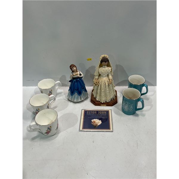 Bride Figurine, Blue Dress Lady Music Box, Teacups, Mugs and Elton John "Candle in the Wind 1997" CD