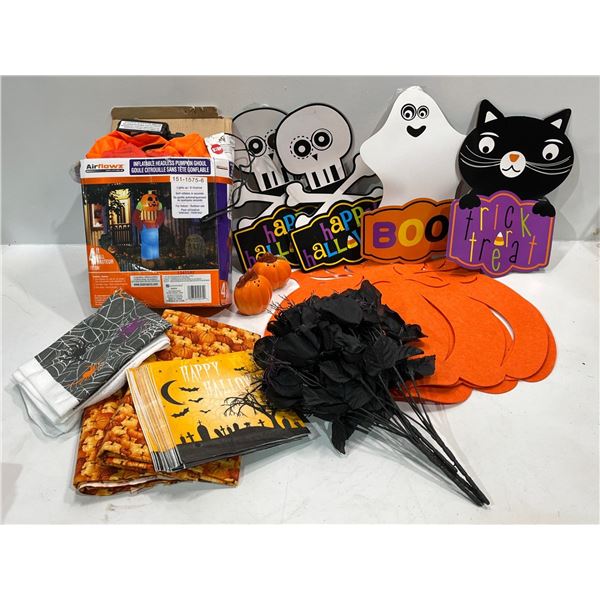Holloween Decorations- 4ft Blow Up Headless Pumpkin Goul, Tea Towel, Salt & Pepper Shakers and more