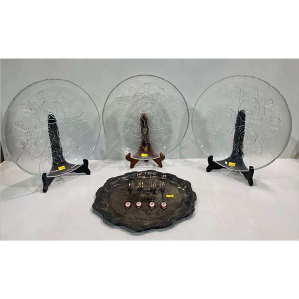 Three Glass Serving Plates and Silver Plated Steel Plate and Forks (plate stands for display only)