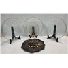 Image 1 : Three Glass Serving Plates and Silver Plated Steel Plate and Forks (plate stands for display only)