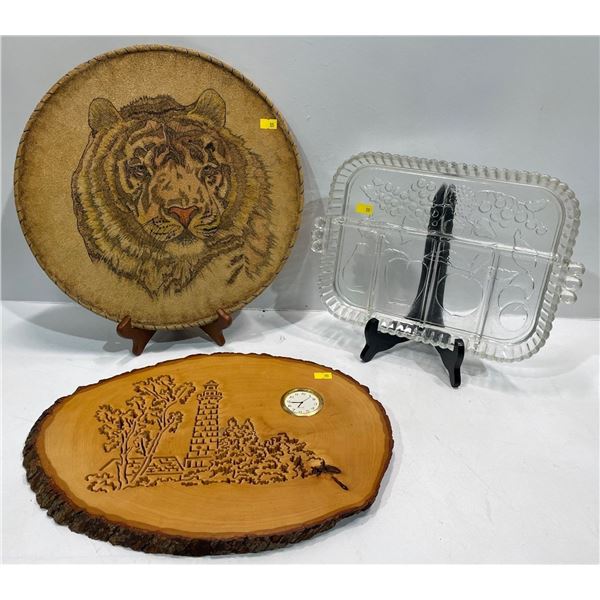 Glass Platter, Hand Painted Tiger on Leather, and Decorative Wooden Clock