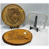 Image 1 : Glass Platter, Hand Painted Tiger on Leather, and Decorative Wooden Clock