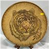 Image 3 : Glass Platter, Hand Painted Tiger on Leather, and Decorative Wooden Clock