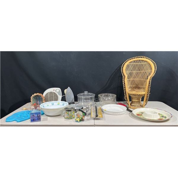 Large Collection of Home Needs includes Small Fan, Iron, Wicker Throne, Serving Dishes and more