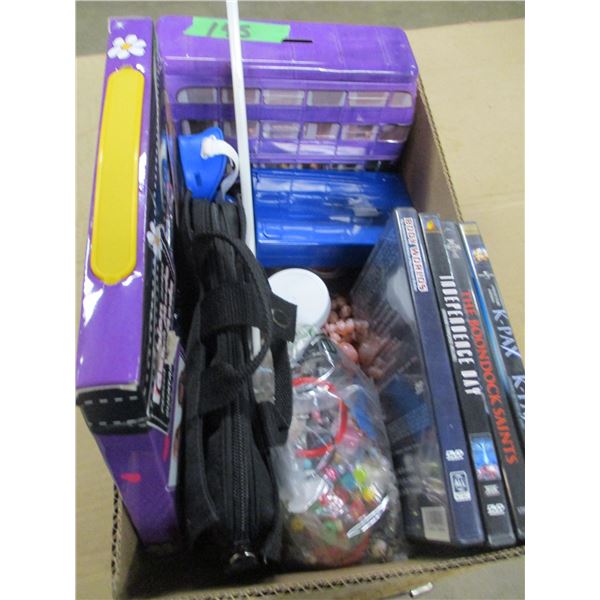 BOX C/W BEADS, DVD'S, BANK, ETC