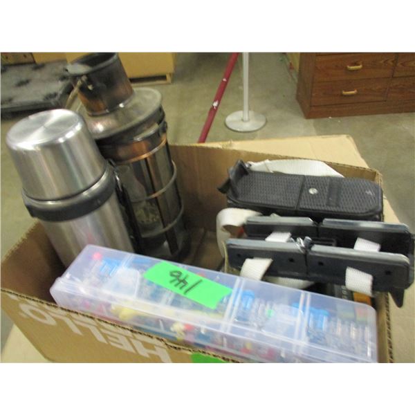 BOX C/W THERMOS, CANDLE, FLASHLITES, BEADS, ETC