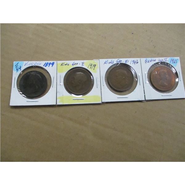 1899 VICTORIAN, 1919 KING GEORGE V, 1946 KING GEORGE VI, 1965 QEII PENNIES