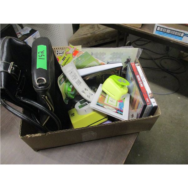 BOX C/W PURSES, CRAFT SUPPLIES, DVD'S, ETC