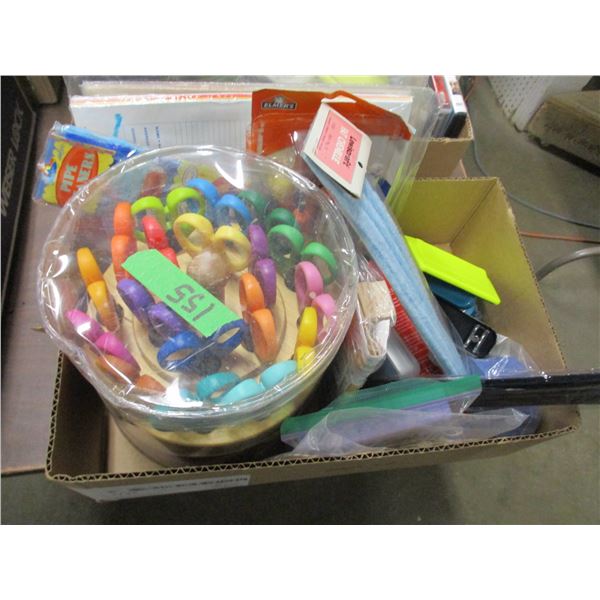 BOX C/W STAPLERS, SCISSORS, OFFICE SUPPLIES, ETC