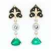 Image 1 : Vintage 14k Gold 1.28 ctw Trillion Emerald & Diamond Fleur De Lis Enamel Earring