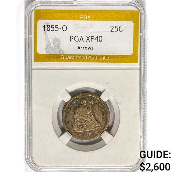 1855-O Seated Liberty Quarter PGA XF40 Arrows