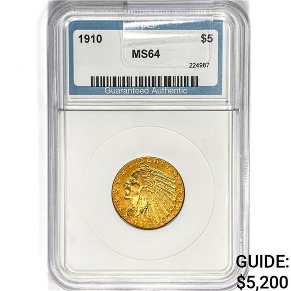 1910 $5 Gold Half Eagle PGA MS64
