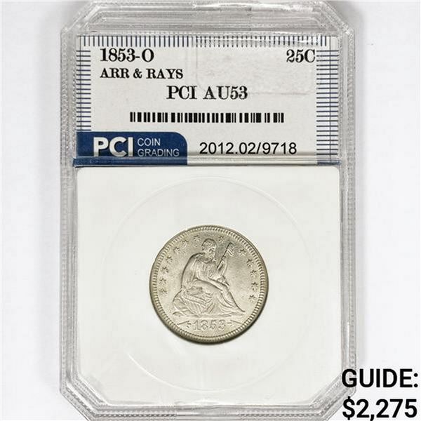 1853-O Seated Liberty Quarter PCI AU53 ARR & RAYS