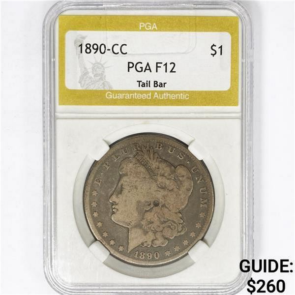 1890-CC Morgan Silver Dollar PGA F12 Tail Bar