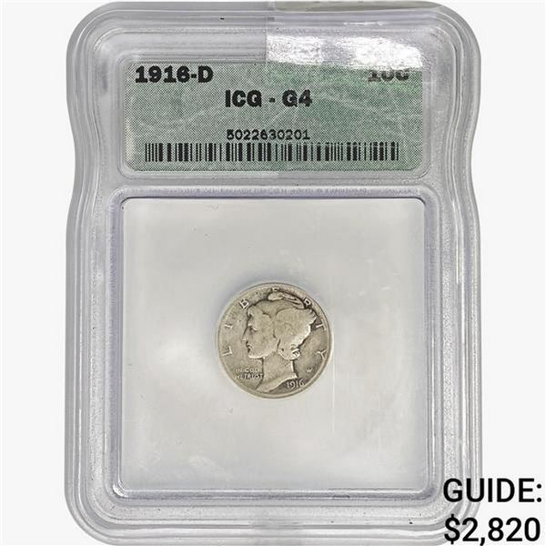 1916-D Mercury Silver Dime ICG G4