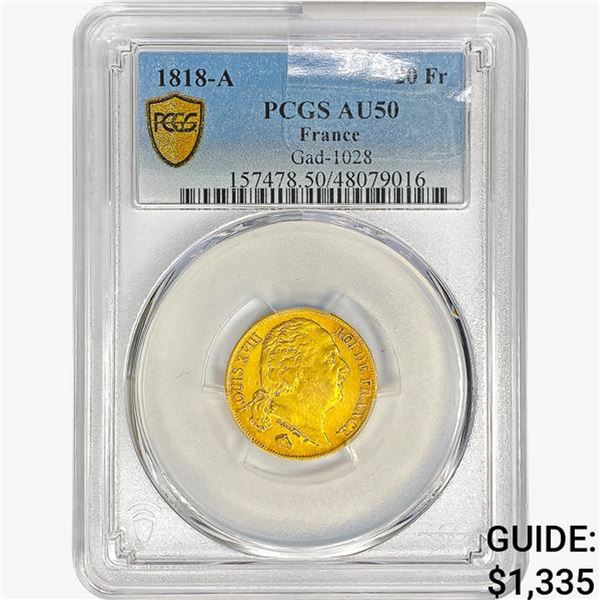 1818-A France 20 Francs .1867oz. Gold PCGS AU50