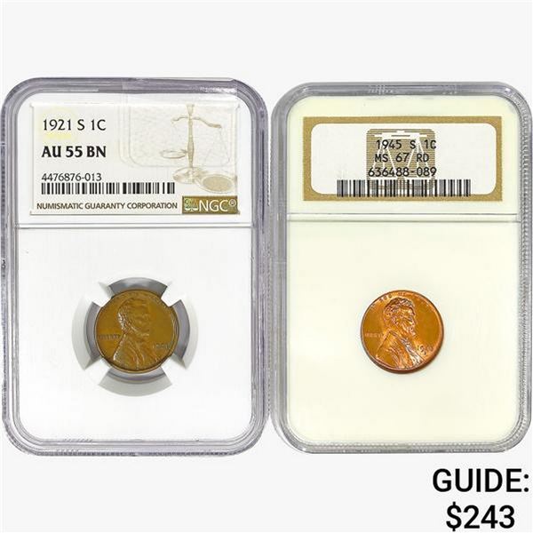 1921&1945 [2] Wheat Cent NGC MS/AU