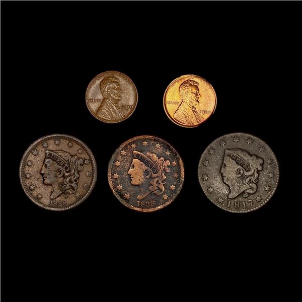 [5] Varied US Cents (1817, (2) 1838, 1910, 1910-S)