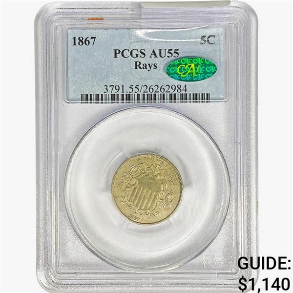 1867 CAC Shield Nickel PCGS AU55 Rays