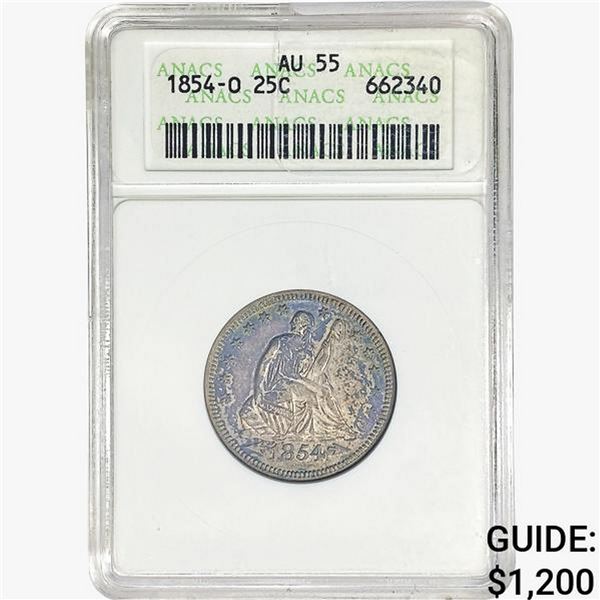 1854-O Seated Liberty Quarter ANACS AU55