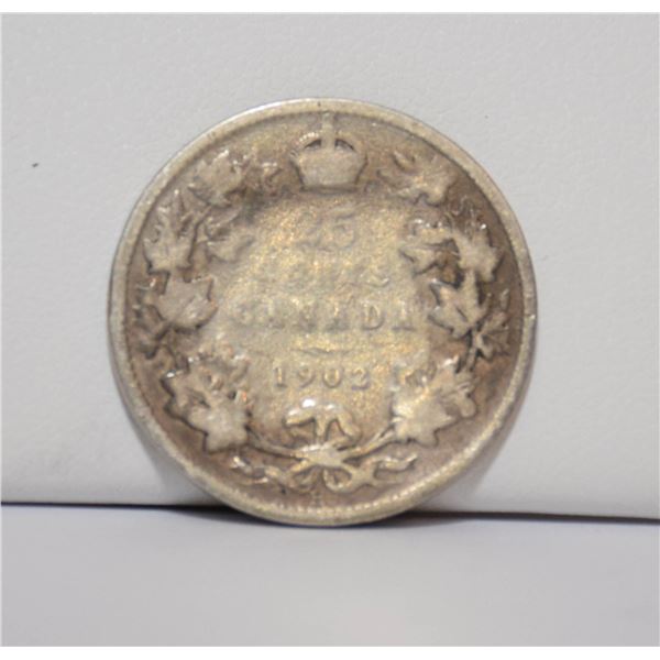 1902H OLD SILVER CANADA 25 CENTS COIN, CIRCULATED