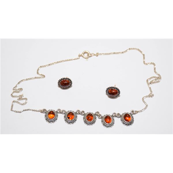 STERLING SILVER AMBER NECKLACE AND EARRINGS SET