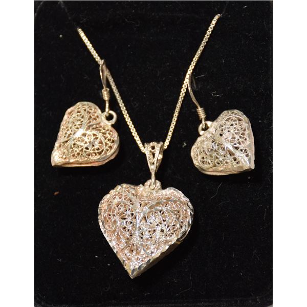 VINTAGE STERLING SILVER HEART PENDANT & EARRINGS