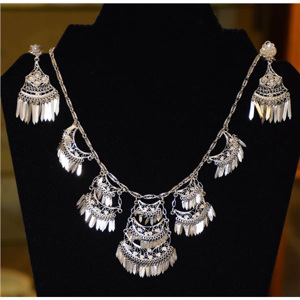 VINTAGE SILVER & FILIGREE NECKLACE EARRINGS SET