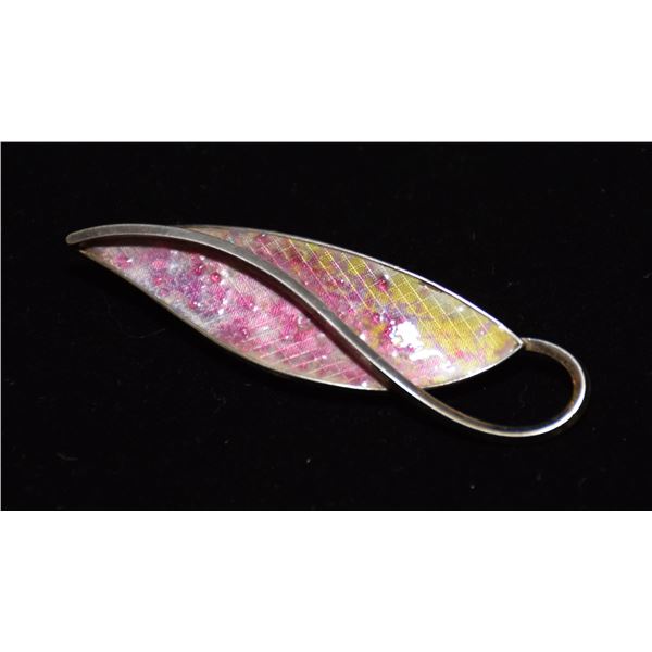 .925 SILVER K&L SIGNED VINTAGE ENAMEL LEAF BROOCH