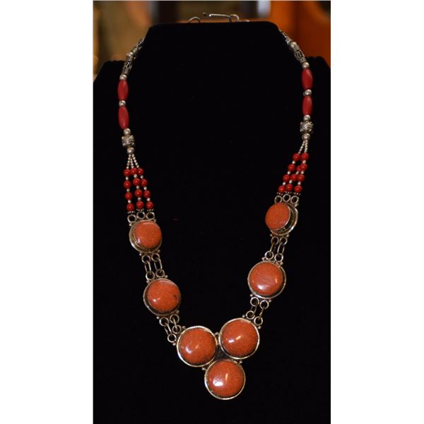 VINTAGE SILVER AND CORAL GEMSTONE NECKLACE