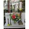 Image 1 : VASE W/ARTIFICIAL FLOWERS, PAIR OF BRASS CANDLESTICKS & LG. CANDLE STAND