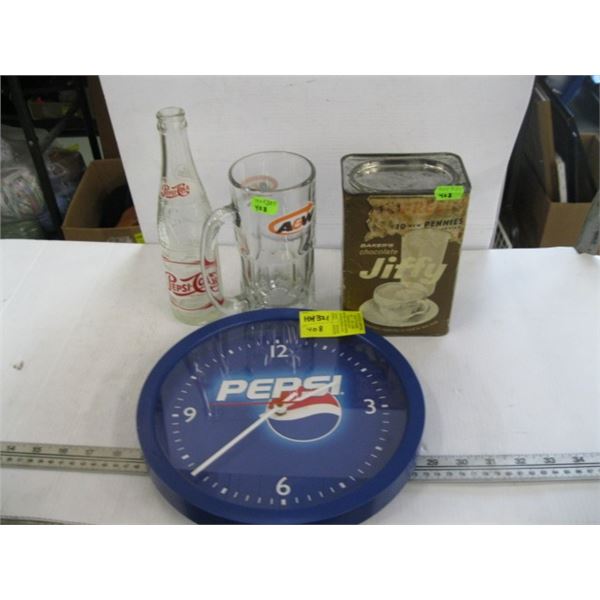 PEPSI CLOCK & BOTTLE, A&W MUG & A JIFFY TIN