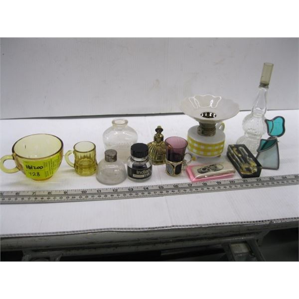 ASST. SM. ITEMS: INKWELLS, COAL OIL LANTERN, ETC.