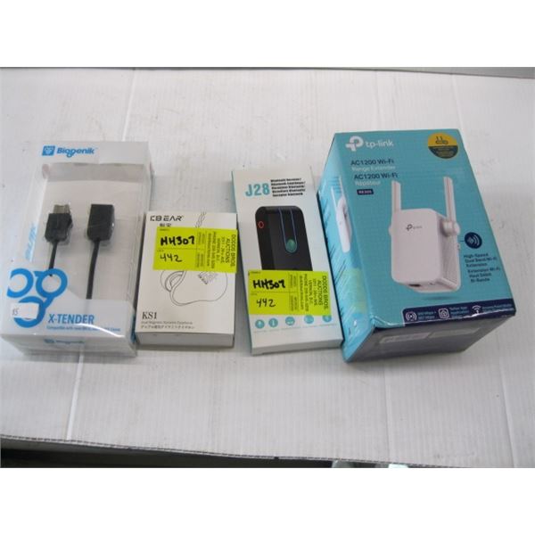 3 NEW PIECES: WIFI EXTENDER, EARPHONES & BLUETOOTH RECEIVER