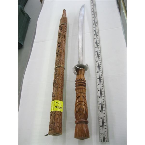 WOODEN HANDLE SWORD W/CARVED SHEATH