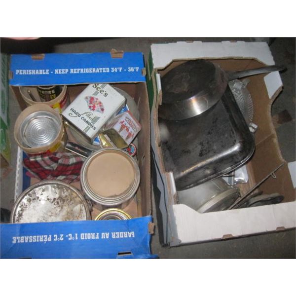 2 BOXES - MISC. COLLECTOR TINS, POTS & PANS, ETC.