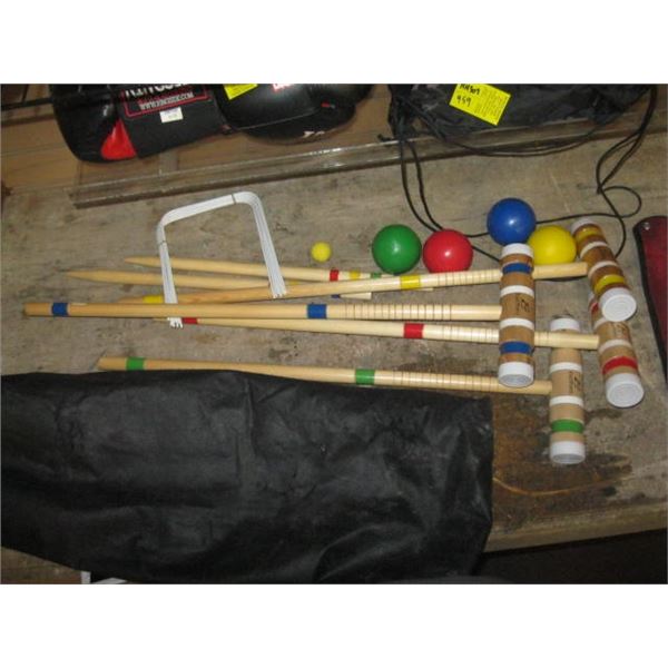 BAG W/CROQUET MALLETS, BALLS, ETC.