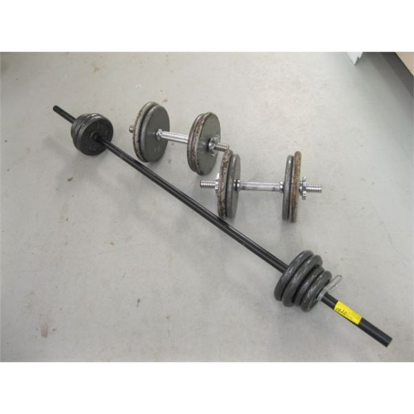 BARBELL W/WEIGHTS & 2 DUMBBELLS